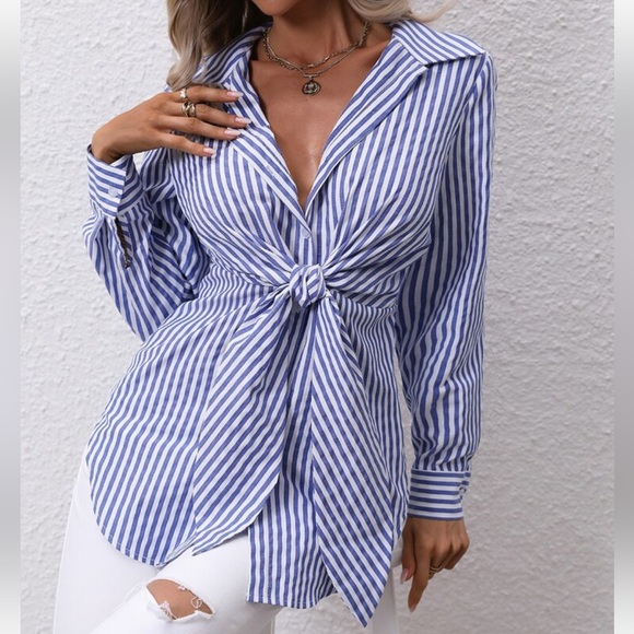 Classic Striped Knot Front Curved Hem Button Down Shirt Top Blouse - Picture 3 of 8